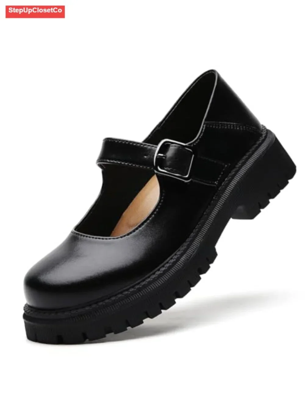 Leather Round Toe Mary Jane Platform Shoes with Memory Foam Insole